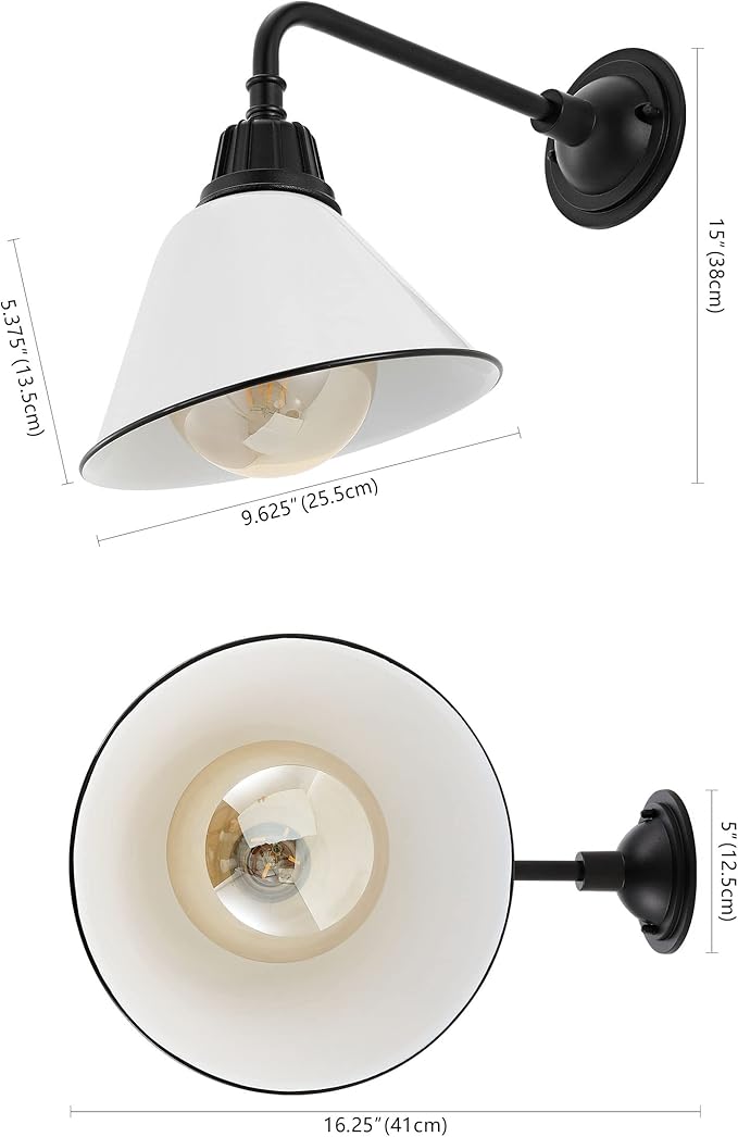 JONATHAN Y 9.63" White/Black 1-Light Farmhouse Outdoor Sconce, Industrial LED Wall Light, Gooseneck Arm Barn Lamp with Metal Bell Shade for Porch, Patio, Kitchen, LED Bulb Included JYL7612A