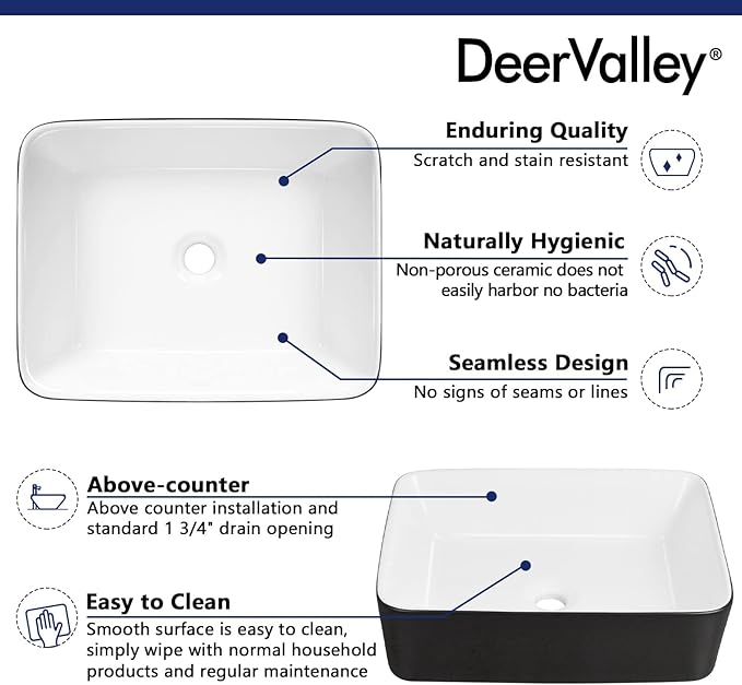 DeerValley DV-1V0001 Bathroom Vessel Sink 19" x 15" Above Counter Sink Rectangle Ceramic Bathroom Sink, Black and White Sinks