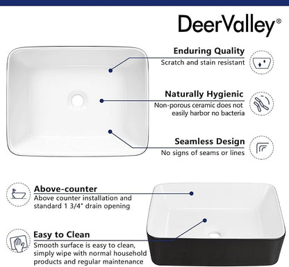 DeerValley DV-1V0001 Bathroom Vessel Sink 19" x 15" Above Counter Sink Rectangle Ceramic Bathroom Sink, Black and White Sinks