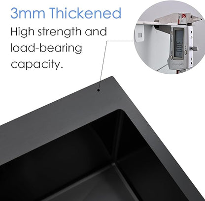 25 Inch Black Drop In Kitchen Sink, 25 x 22 Inch16 Gauge Single Bowl Stainless Steel Handmade Topmount Black Sink RV Bar Sink Basin with Accessories