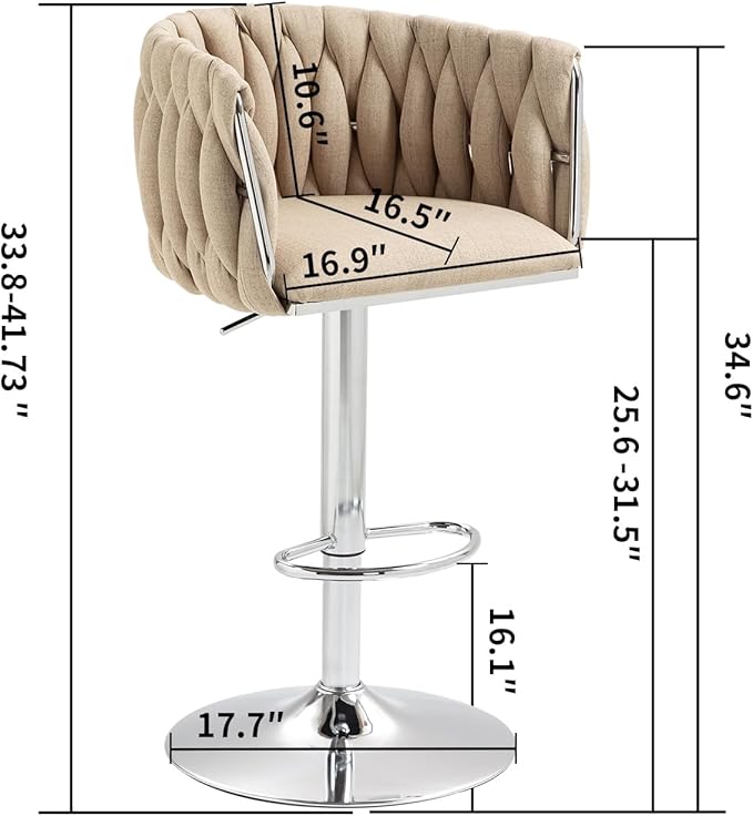 360° Fabric Cover Swivel Bar Stools Set of 2, Adjustable Counter Height Bar Chairs with Woven Back Footrest, Silver Chromed Bar Stools for Kitchen Island, Cafe, Pub (Yellow)