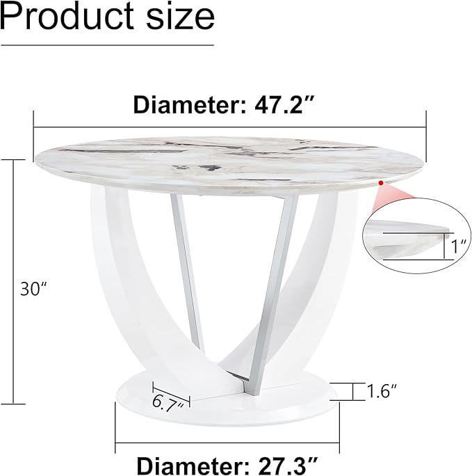 JUFU Round Dining Table for 4/6, 47 Inch Faux Marble Look Dining Room Table, White Kitchen Table with Stable Pedestal, Modern Glass Dining Table for Kitchen,Living Room,Apartment,Restaurant