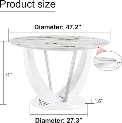 JUFU Round Dining Table for 4/6, 47 Inch Faux Marble Look Dining Room Table, White Kitchen Table with Stable Pedestal, Modern Glass Dining Table for Kitchen,Living Room,Apartment,Restaurant