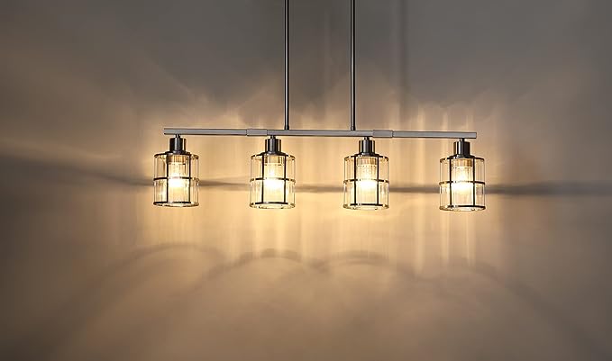 4 Light Kitchen Island Chandelier Brushed Nickel Finish Modern Pendant Light Ceiling Lighting Fixture Metal Clear Glass Dining Room Bar Café Kitchen Island