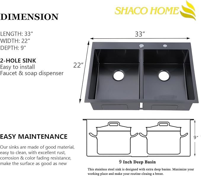 SHACO 33x22 Black 50/50 Double Bowl Drop In Kitchen Sink, 33 Inch Top Mount Gunmetal Black 16 Gauge Stainless Steel Kitchen Sink with Grid and Accessories