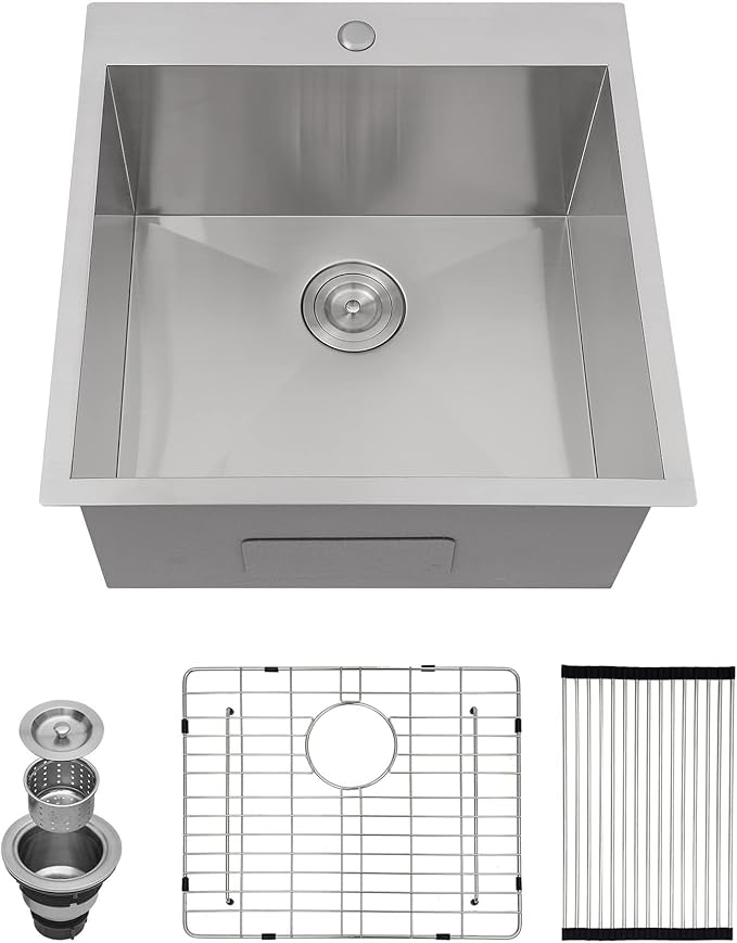 Kichae Drop In Laundry Sink - 22x22x12 Drop In 12 Inch Deep Utility Sink T304 Stainless Steel Topmount Handmade Single Bowl with Accessories