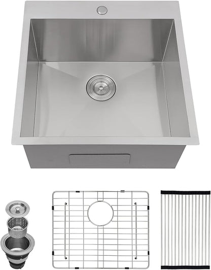 Kichae Drop In Laundry Sink - 22x22x12 Drop In 12 Inch Deep Utility Sink T304 Stainless Steel Topmount Handmade Single Bowl with Accessories
