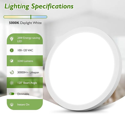 12Inch LED Flush Mount Ceiling Light Fixture, 28W 3200Lm Dimmable Modern Recessed Ceiling Lamp, 5000K Daylight White Round Low Profile Ceiling Light for Kitchen Closet Bedroom Hallway Laundry, 1-Pack