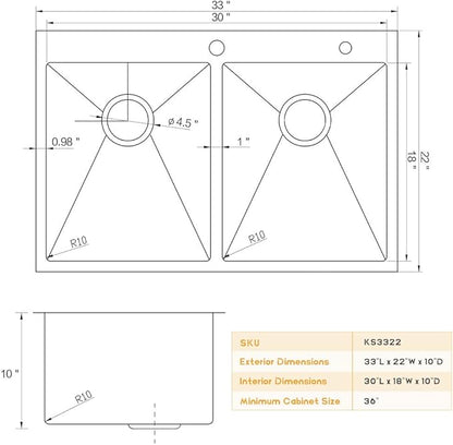 33 Inch Double Bowl Drop In Kitchen Sink-Bokaiya 33x22 Stainless Steel Drop-In Sink Kitchen Top Mount 16 Gauge Deep 50/50 Low-Divide Over Counter Double Bowl Kitchen Sink with Rack&Grid