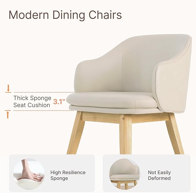 KISLOT Wooden Dining Chairs Set of 4, Faux Leather Upholstered Modern Dining Room Chairs with Barrel Backrest & Double-Layer Thick Cushion for Living Room, Restaurant, Kitchen and Café, Beige, 2 Boxs