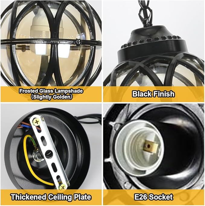 Vintage Ceiling Pendant Light Outdoor Waterproof Hanging Light for Porch, Lantern Glass Aluminum Exterior Retro Chandelier for Porch Patio Farmhouse Entryway (27cm/10.6")