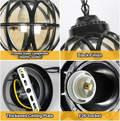 Vintage Ceiling Pendant Light Outdoor Waterproof Hanging Light for Porch, Lantern Glass Aluminum Exterior Retro Chandelier for Porch Patio Farmhouse Entryway (27cm/10.6")