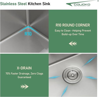 30x22 Drop In Kitchen Sink with Faucet Combo16 Gauge Stainless Steel Single Bowl Kitchen Sink Large Deep Round Corner Handmade Topmount Overmount Basin Kitchen Sinks