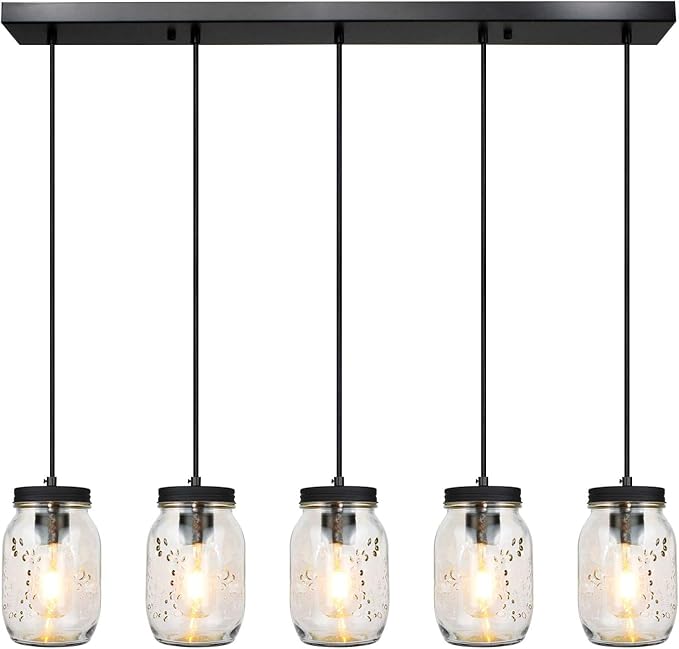 5-Light Glass Mason Jar Light Fixtures, Farmhouse Kitchen Island Pendant Lighting, Rustic Adjustable Height Jar Ceiling Lights for Over Sink, Dining Room, Foyer, Stairway, Hallway, Entryway, Porch