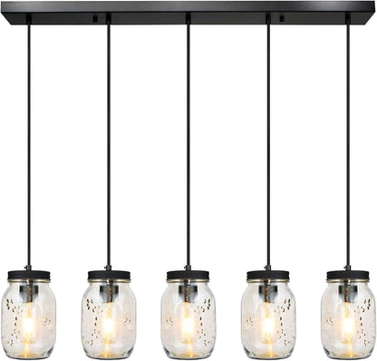 5-Light Glass Mason Jar Light Fixtures, Farmhouse Kitchen Island Pendant Lighting, Rustic Adjustable Height Jar Ceiling Lights for Over Sink, Dining Room, Foyer, Stairway, Hallway, Entryway, Porch