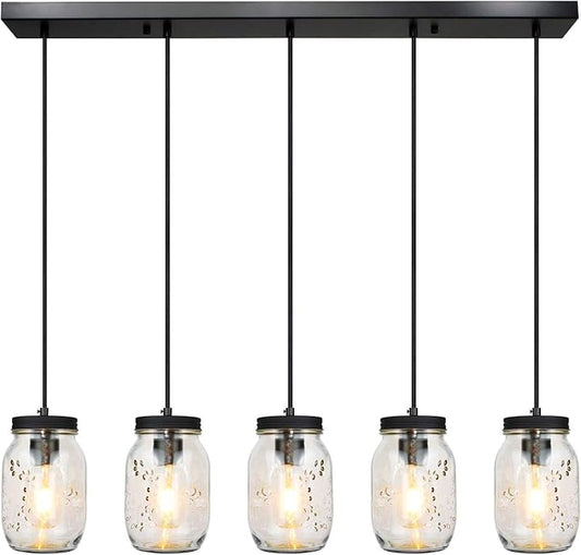 5-Light Glass Mason Jar Light Fixtures, Farmhouse Kitchen Island Pendant Lighting, Rustic Adjustable Height Jar Ceiling Lights for Over Sink, Dining Room, Foyer, Stairway, Hallway, Entryway, Porch