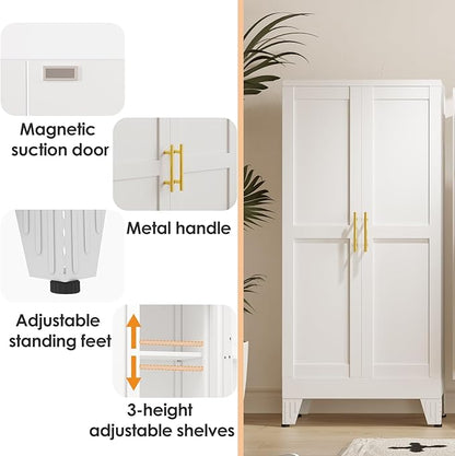 PAOFIN 47" Kitchen Pantry Cabinet, Metal Storage Cabinet with 3 Adjustable Layer Shelves, 8 Door Shelves, Buffet Sideboard for Living Room, Kitchen, White