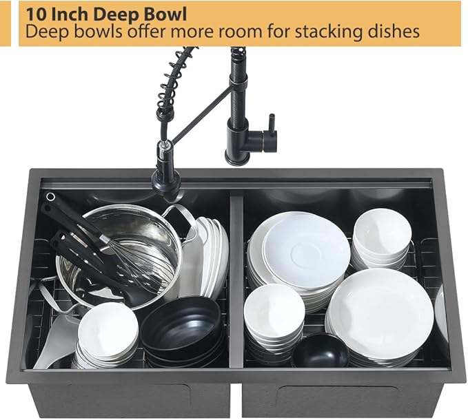 33 Inch Black Double Bowl Undermount Kitchen Sink Workstation-Bokaiya 33x19 Kitchen Sink Undermount 50/50 Double Bowl Sink 16 Gauge Black Stainless Steel Double Basin with Cutting Board