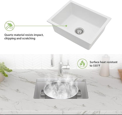 22x17 Inch Granite Composite Kitchen Sink - 22"x17" Undermount White Wet Bar Sink Granite Composite Quartz Classic Under Counter Ledge Single Bowl Sink Basin, LOF-GC22179