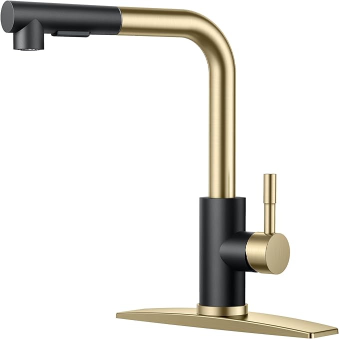 FORIOUS Kitchen Faucets with Pull Down Sprayer, Stainless Steel Single Handle Classic Pull Out Bar Sink Faucet for Farmhouse Laundry RV, with Deck Plate for 1 or 3 Holes, Black Gold