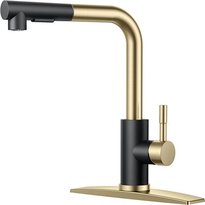 FORIOUS Kitchen Faucets with Pull Down Sprayer, Stainless Steel Single Handle Classic Pull Out Bar Sink Faucet for Farmhouse Laundry RV, with Deck Plate for 1 or 3 Holes, Black Gold