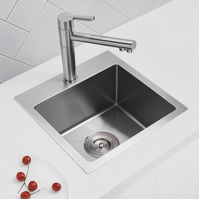 KINGO HOME Drop In Bar Sink,15 x 15 Inch Topmount RV 16 Gauge Stainless Steel Single Bowl Small Kitchen Sink,Outdoor Handmade Stainless Steel Wet Bar Perp Sink with Drain