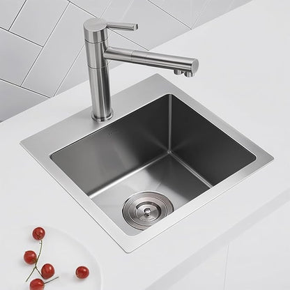 KINGO HOME Drop In Bar Sink,15 x 15 Inch Topmount RV 16 Gauge Stainless Steel Single Bowl Small Kitchen Sink,Outdoor Handmade Stainless Steel Wet Bar Perp Sink with Drain