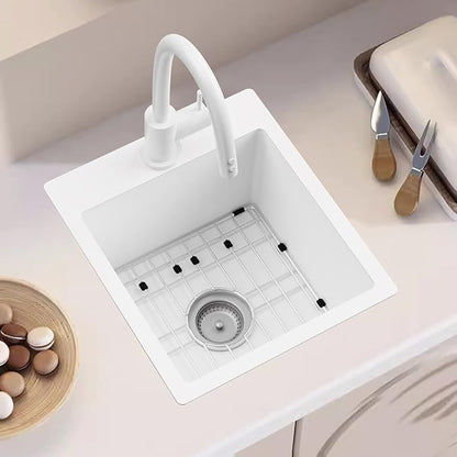White Kitchen & Bar Sink, 15x17 Inch Stainless Steel Kitchen Sink Single Bowl Topmount Kitchen Sink With Sink Grid And Drain Assembly Bright White Bar Sink Enhance Aesthetic Appeal Of Modern Kitchen