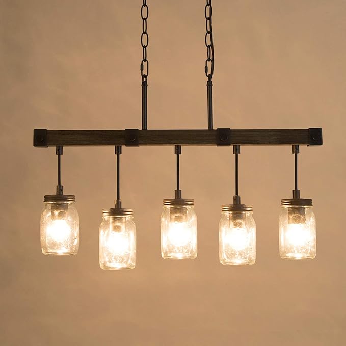 Mason Jar Chandelier, 5-Light Farmhouse Chandelier for Dining Room, 25.5" Rustic Island Lighting with Clear Glass Globes