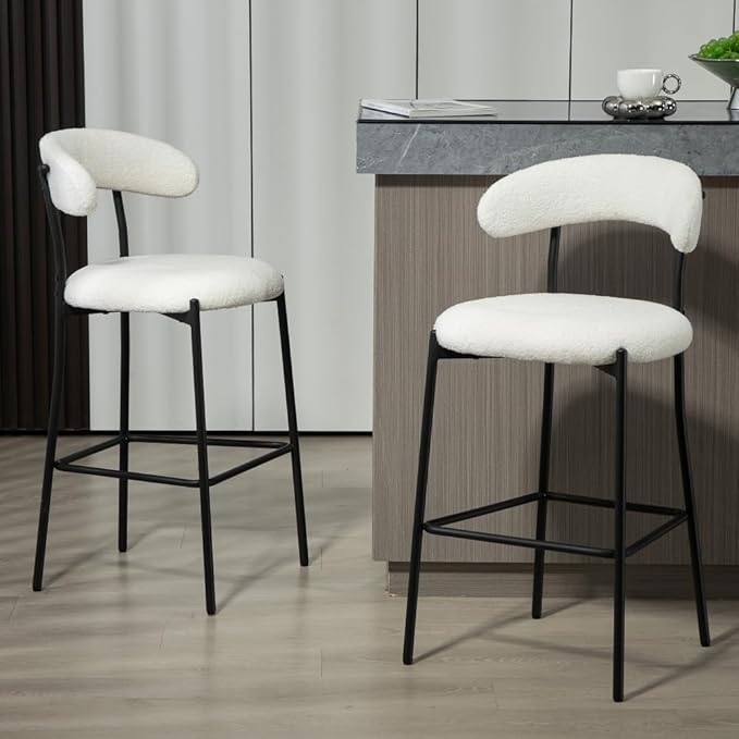 26" Counter Height Bar Stools - Teddy Fabric Upholstered Kitchen Island Stools with Black Powder-Coated Metal Base & Integrated Footrest, Modern Farmhouse Style(Snow)