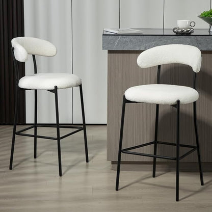 26" Counter Height Bar Stools - Teddy Fabric Upholstered Kitchen Island Stools with Black Powder-Coated Metal Base & Integrated Footrest, Modern Farmhouse Style(Snow)