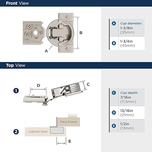 Amerock 2 Pack 1/2 inch Overlay Self-Closing Compact Concealed Hinge for Face Frame Cabinet, 105-degree Opening Angle with 3-Way adjustability