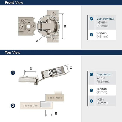 Amerock 2 Pack 1/2 inch Overlay Self-Closing Compact Concealed Hinge for Face Frame Cabinet, 105-degree Opening Angle with 3-Way adjustability