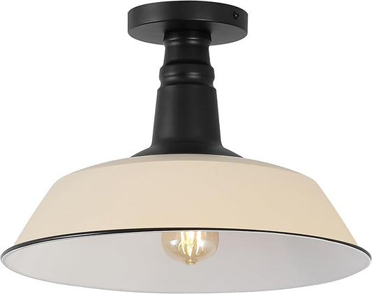 JONATHAN Y 14" Matte Almond/Black 1-Light Industrial LED Semi Flush Mount Ceiling Light for Porch, Kitchen, Entryway, Modern Farmhouse Iron Fixture, White Metal Shade, LED Bulb Included (JYL7617J)