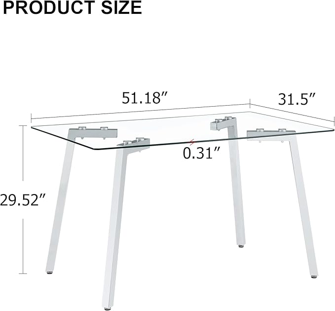 Rectangular Glass Dining Table 51 Inch Modern Rectangular Kitchen Table with Metal Legs Durable Stylish Dinner Table for Dining Room Kitchen