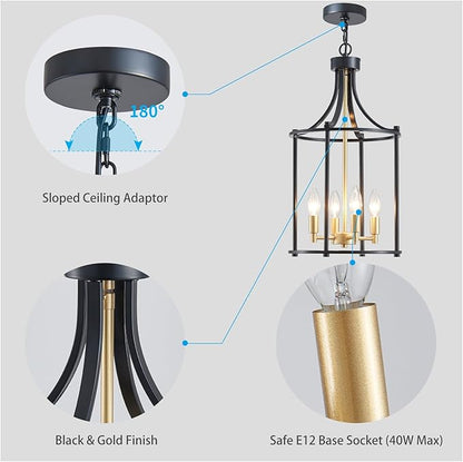 XINGQI Lantern Pendant Light Modern Geometric Hanging Chandelier Black and Gold 4 Lights Adjustable Height Cage Pendant Lighting Fixture for Kitchen Entryway Hallway Foyer