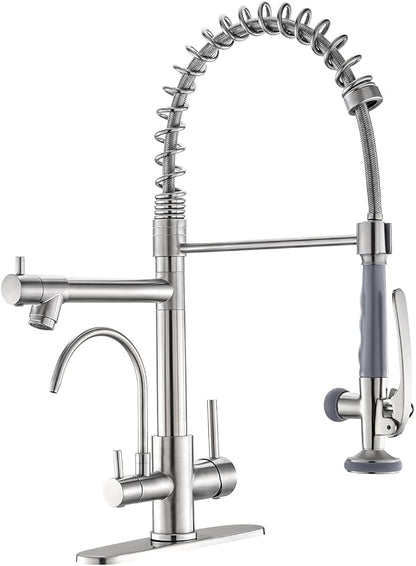 Fapully 3 in 1 Kitchen Faucet with Water Filler and Pull Down Sprayer,Brushed Nickel Commercial Kitchen Sink Faucet with Drinking Water Faucet