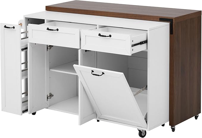 Kitchen Island with Extendable Dining Table Rolling Cart with Trash Storage Cabinet and 3-Tier Pull-Out Spice Rack for Dining Room Practical(White)