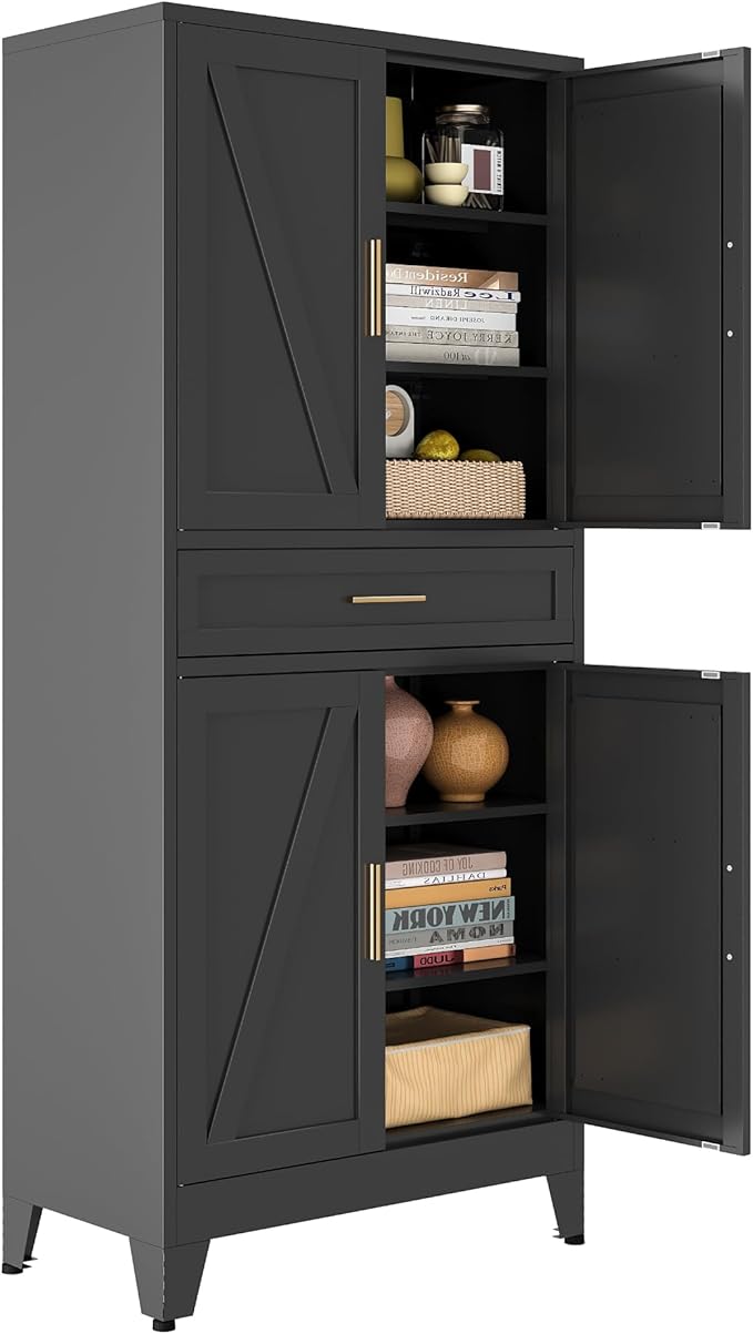Bevivog Metal Storage Cabinet with Drawers, Tall Cabinets with Doors and Shelves, 4 Doors High Storage Cabinet for Office/Pantry/Living Room