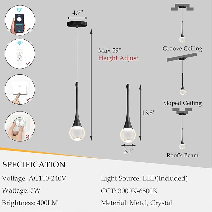 Modern Pendant Light LED Crystal Chandelier for Kitchen Island Dimmable Crystal Pendant Lighting for Dining Room Bedroom Black