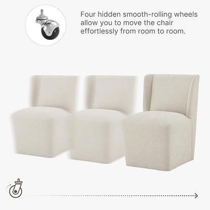 KISLOT Upholstered Dining Chairs Set of 1 with Casters, Wingback Modern Side Armless Deskchair with Rollers for Diningroom Bedroom Livingroom Reading Room, Cream Beige Fabric