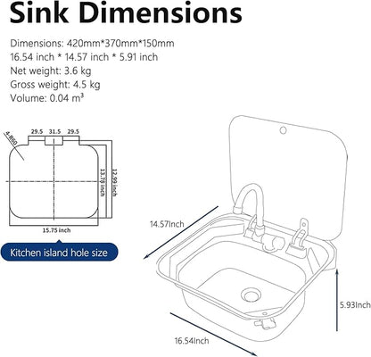 Portable RV Sink, 16.54×14.57×5.91 Inch Small Stainless Steel Bar Camping Sink with Folde Faucet and Tempered Glass Cover for Camper Trailer Caravan