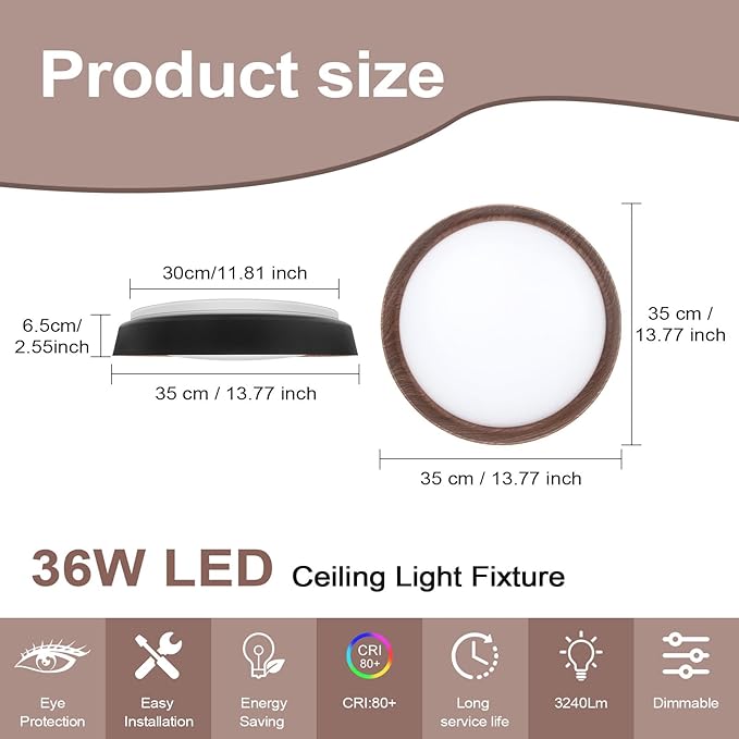 VIPMOON 13"/36W Flush Mount LED Ceiling Light, 5CCT 3000K-6000K Adjustable Super Bright Retro LED Light Fixture for Bedroom Kitchen Balcony Study Room Porch Bathroom Stairwell Hallway Office