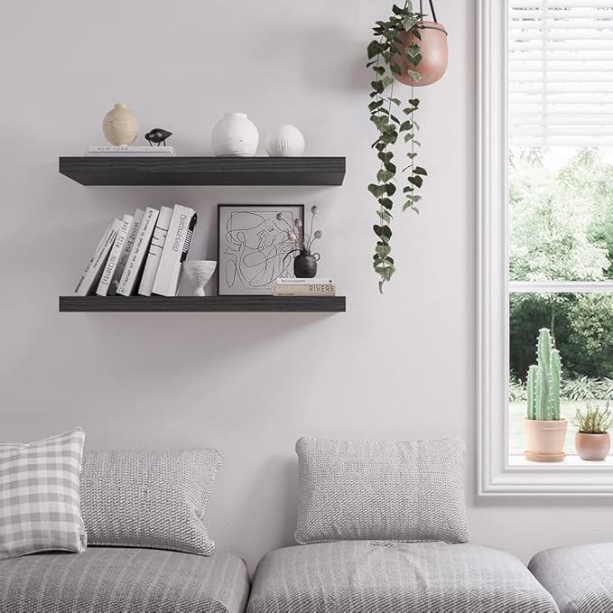 Floating Shelf, Set of 1 Wall Shelf, 30 in W x 12.75 in D x 2 in H Wooden Floating Wall Shelf with Invisible Brackets for Living Room/Bedroom/Bathroom/Kitchen Storage and Decor, Black Wood