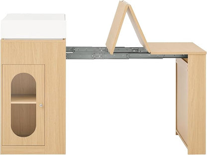 Extendable Dining Table with Folding Tabletop, Bar Table with Drawers and Power Outlet, Kitchen Island with Wheels and Hooks for Kitchen, Dining Room, Natural+Creamy White
