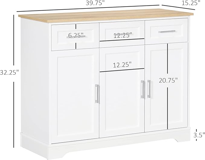 HOMCOM Sideboard Buffet Cabinet with 3 Storage Drawers, Kitchen Cabinet Coffee Bar with Adjustable Shelf for Living Room, White
