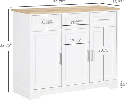 HOMCOM Sideboard Buffet Cabinet with 3 Storage Drawers, Kitchen Cabinet Coffee Bar with Adjustable Shelf for Living Room, White
