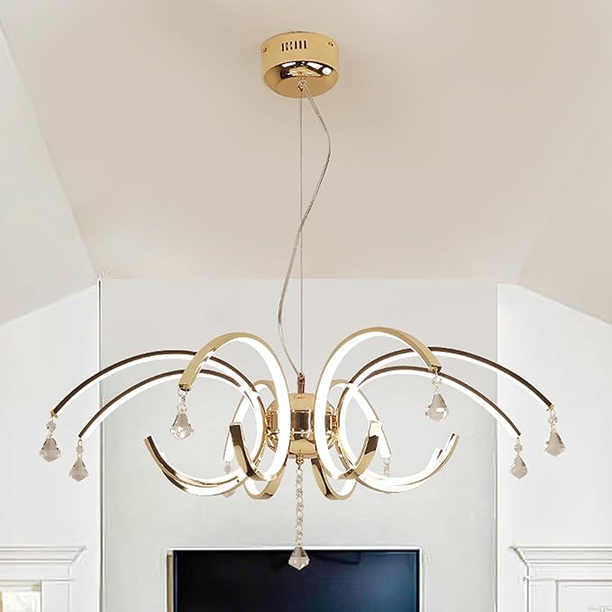 Large Crystal Chandelier 33 Inch 8-Light, Modern Gold Chandelier with Adjustable Height, Dimmable Remote Control LED Chandelier, K9 Crystal Lighting Fixture for Living Room Dining Room Foyer