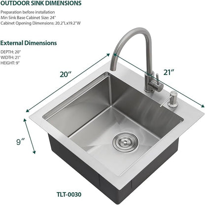 Outdoor Kitchen Sink - 21 x 20 Inch Outdoor Sink Drop In Workstation Stainless Steel 16 Gauge Topmount Single Bowl Small Wet Bar Sinks with Faucet & Premium Stainless Steel Cover #TLT-0030