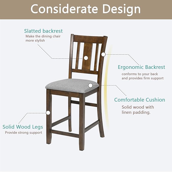 Set of 4 Dining Chairs, Wooden Kitchen Chairs with Padded Cushion, Upholstered Stools for Kitchen Island, Dining Room, Living Room, Easy Assembly (Walnut - Slatted backrest)